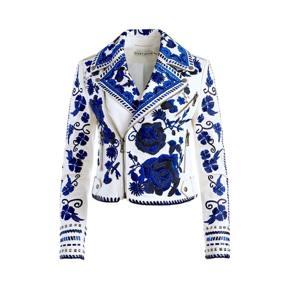 Alice + Olivia Cody Embroidered Floral Embellished Leather Moto Jacket - Picture 15 of 16